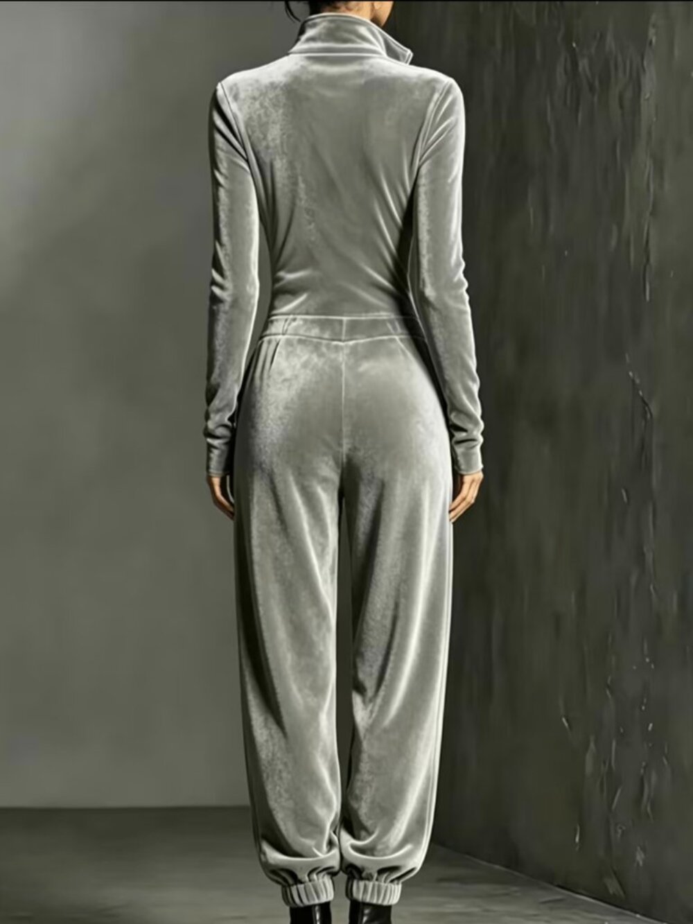 Women'S Elegant Jumpsuit, Stand Collar, Half Zipper, Slim Fit, Tapered Leg Casua - Picture 3 of 3